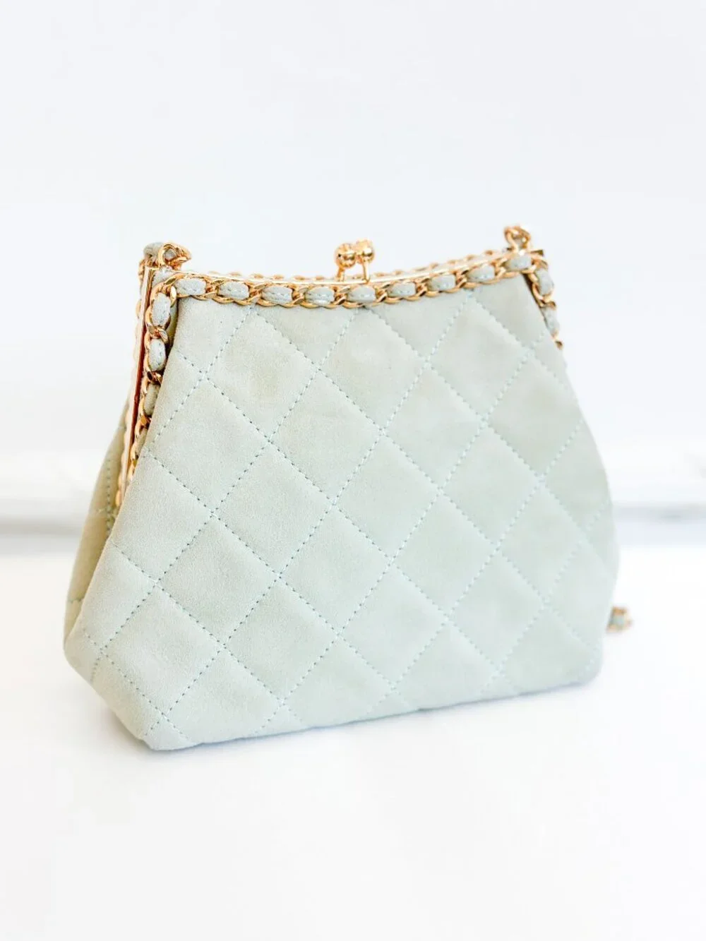 Vintage Chanel Quilted Suede Chain Frame Bag – Mint Green Kiss Lock Shoulder Bag